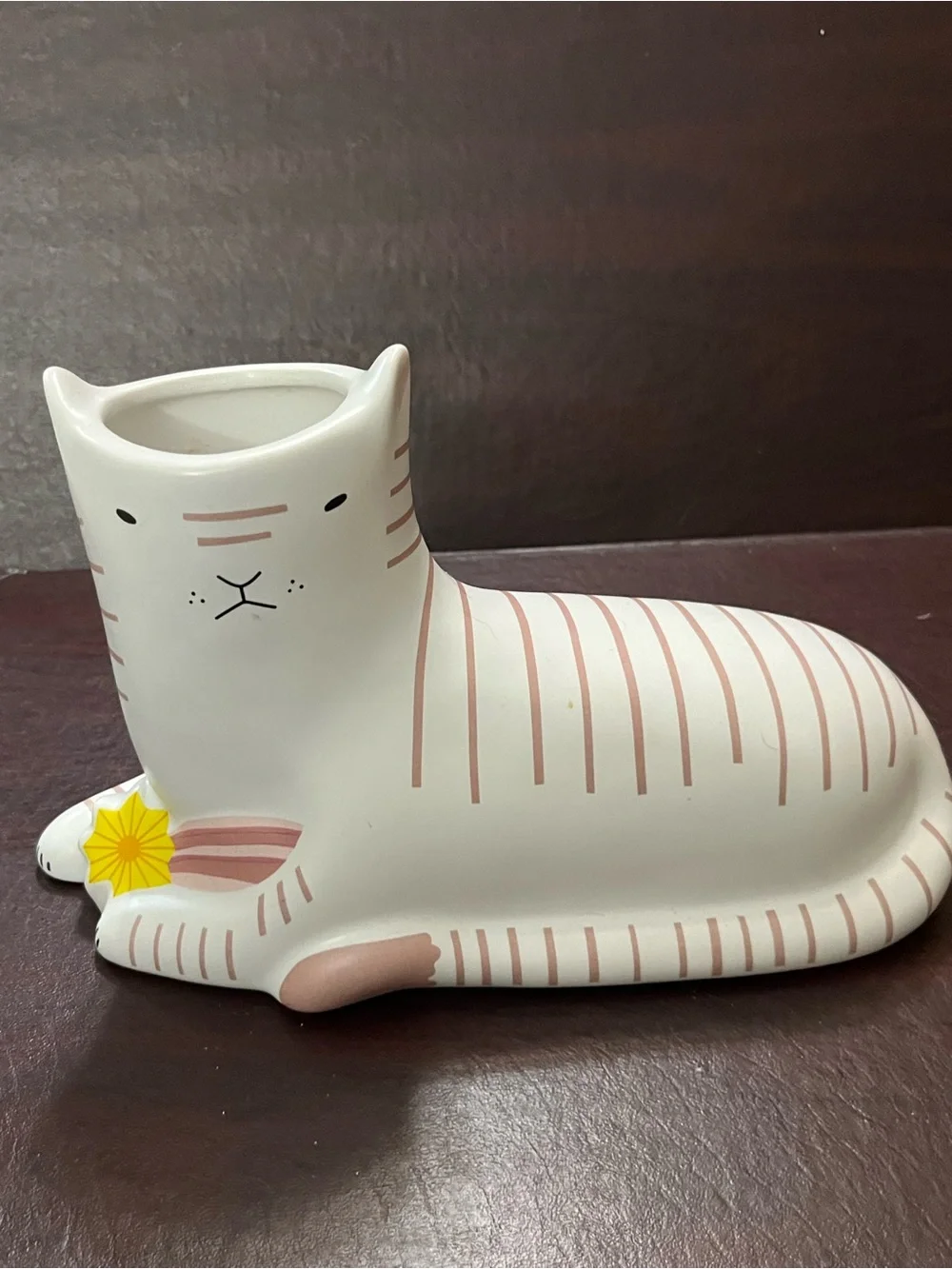 Cream Ceramic Cat Bowl with Pink Stripe Accents